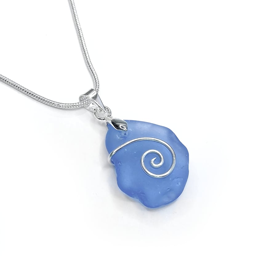 Sea Glass Pendant - Blue Beach Glass, Silver Handmade Celtic Necklace Jewellery
