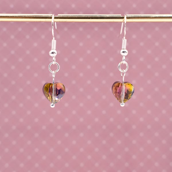 Mini Glass Heart Charm Earrings, Silver Plated