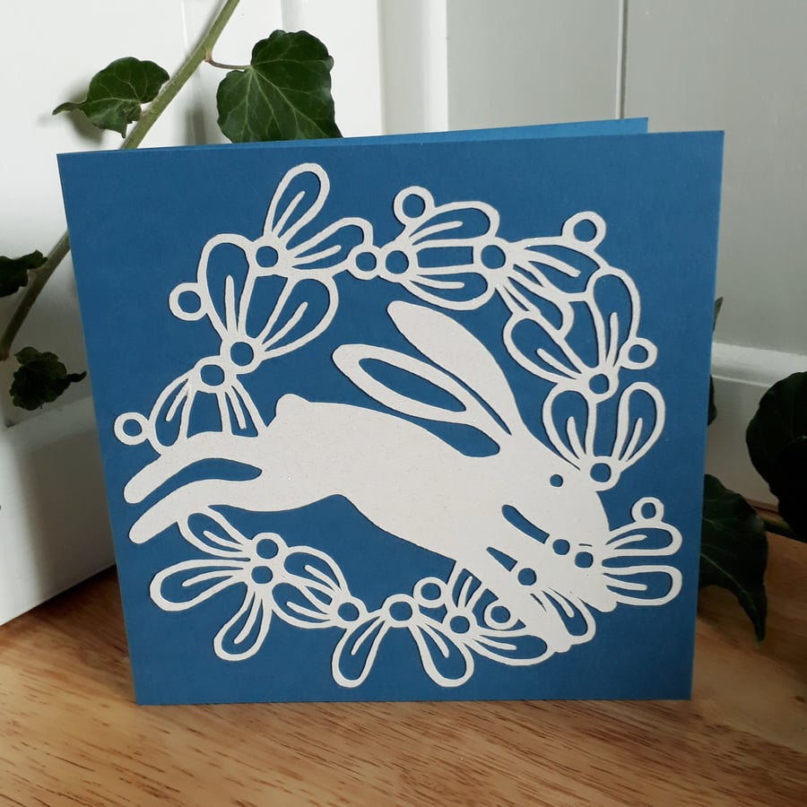 Paper cut hare & mistletoe Christmas cards (x4) - blue