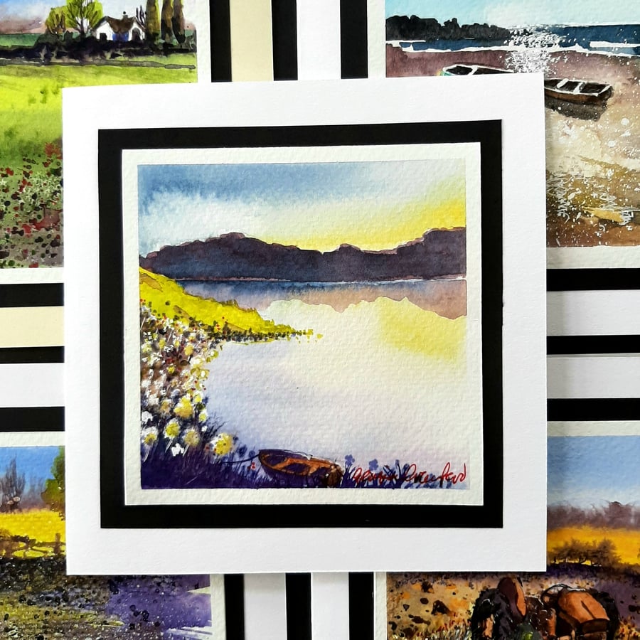 Open Occasion Greetings Card. Of A Sunset Lake. Handpainted Watercolour.