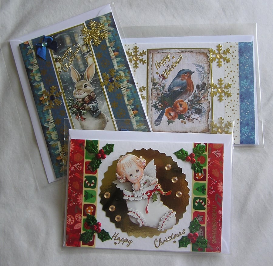 Set of 3 (Three) Beautiful Hand-Crafted Christmas Decoupage Greeting Cards (r)