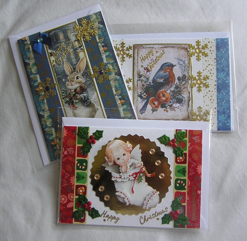 Set of 3 (Three) Beautiful Hand-Crafted Christmas Decoupage Greeting Cards (r)