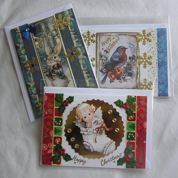 Set of 3 (Three) Beautiful Hand-Crafted Christmas Decoupage Greeting Cards (r)