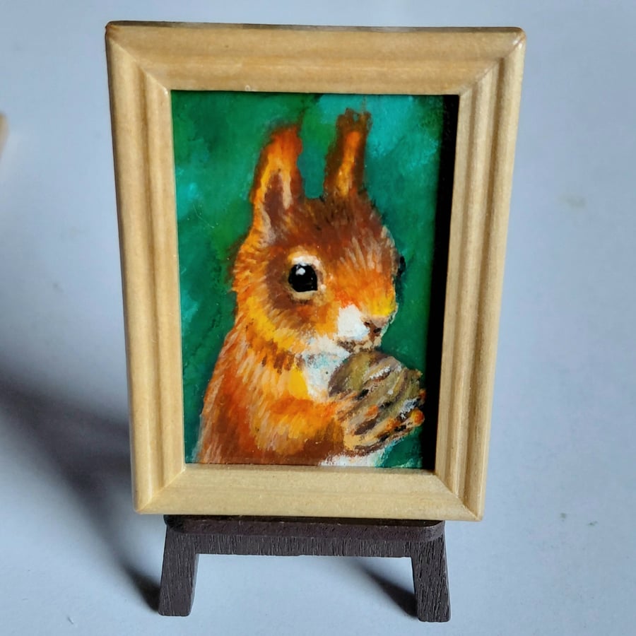 Red Squirrel and Walnut Miniature Oil Painting Dollshouse Original
