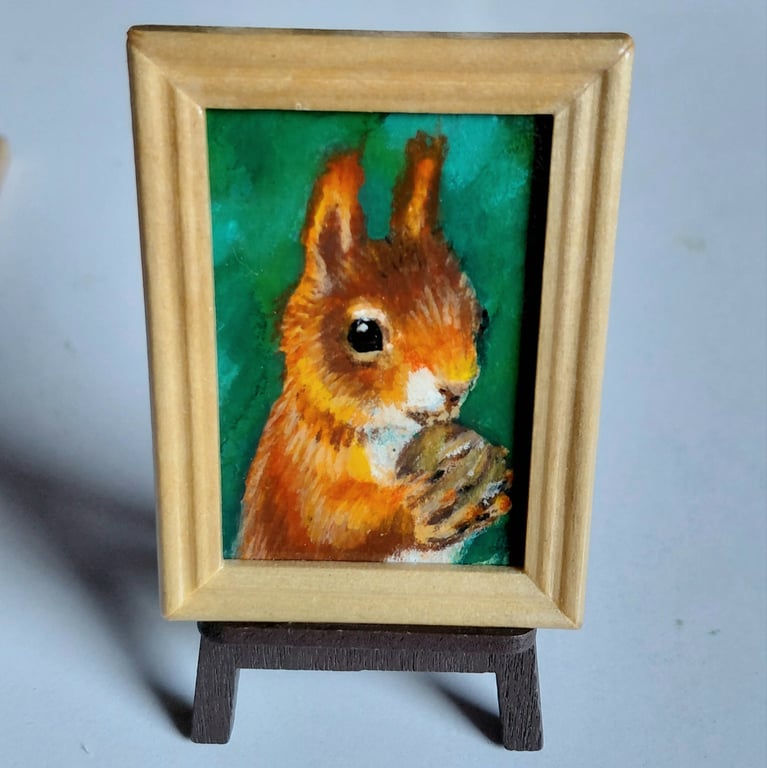 Red Squirrel and Walnut Miniature Oil Painting Dollshouse Original