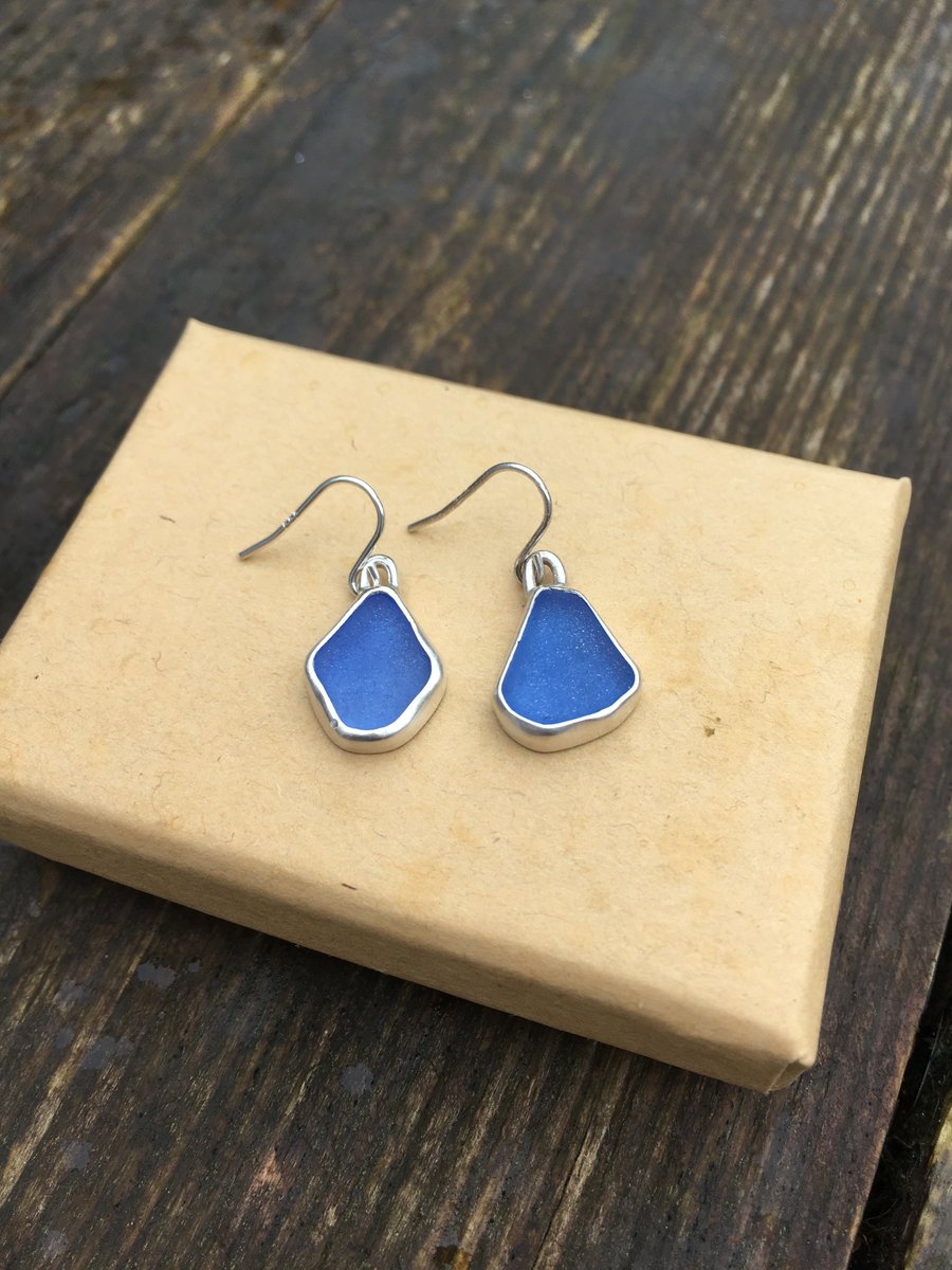 Cornflower blue sea glass & silver dangle earrings 