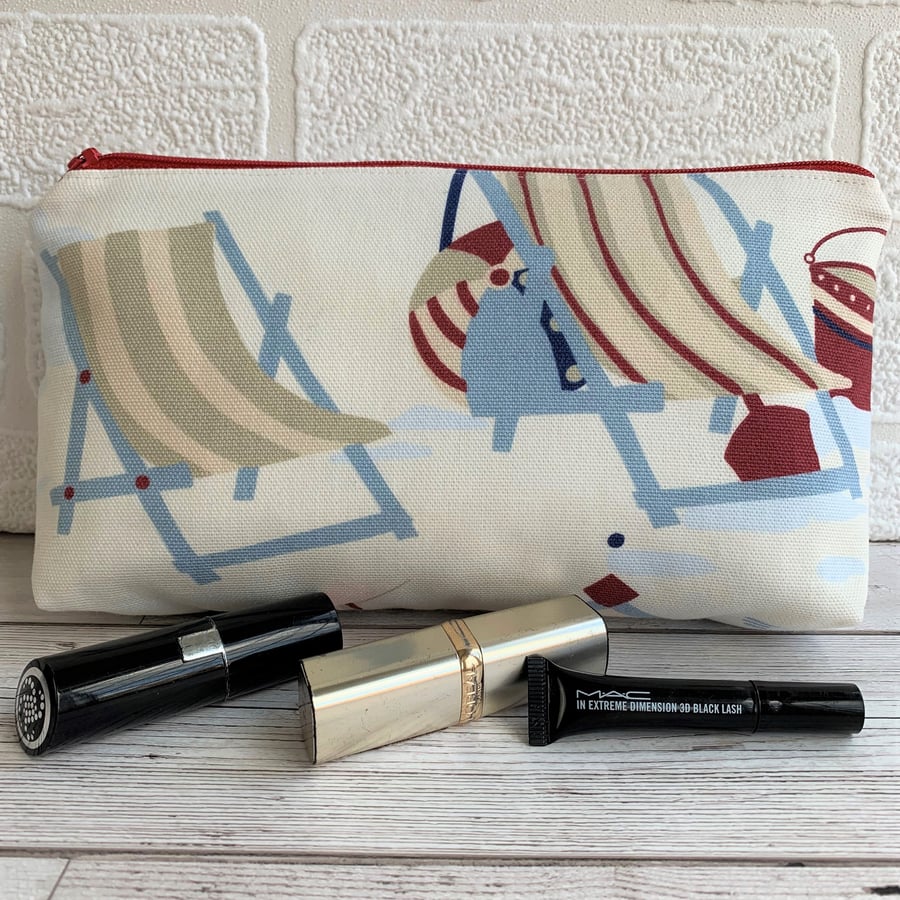 Seaside make up bag with deckchairs in nautical colours