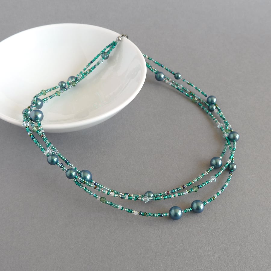Dark Green Multi-strand Necklace - Emerald Three Strand Pearl Jewellery - Gifts 