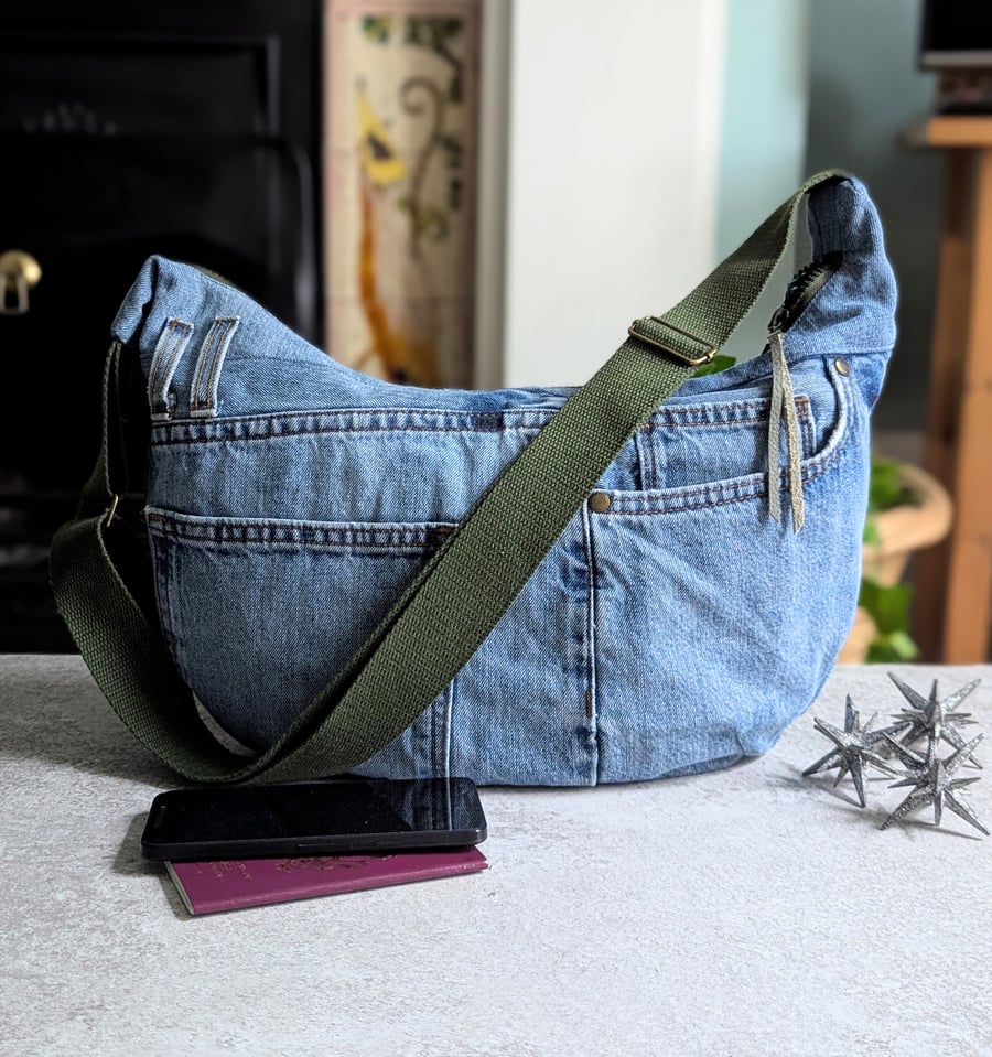 Denim Bag - Recycled Jeans Cross Body Sling or Dumpling Bag with Green Straps