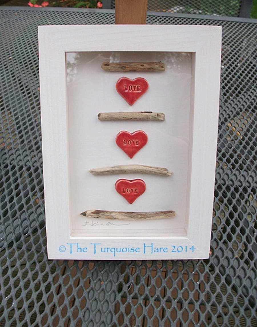 SALE - Valentine - "Sticky Love" Ceramic hearts and driftwood picture