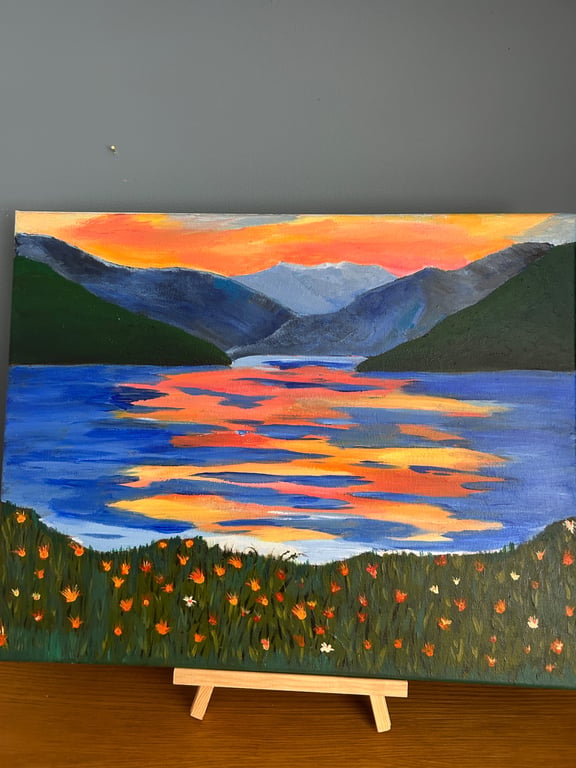 Mountain lake at sunset original in acrylics 20 x16" 