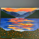 Mountain lake at sunset original in acrylics 20 x16" 