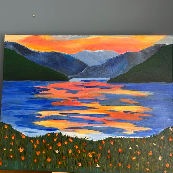 Mountain lake at sunset original in acrylics 20 x16" 