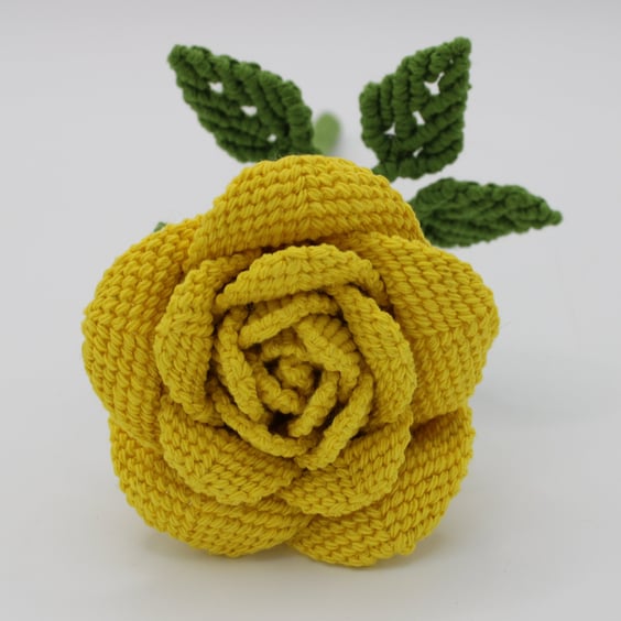 Single stem rose, yellow macrame rose, textile rose