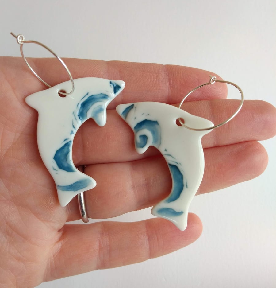 Handmade Porcelain Ceramic Teal Dolphin Hoop Earrings with Sterling Silver