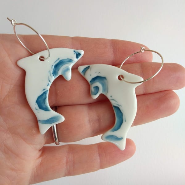 Handmade Porcelain Ceramic Teal Dolphin Hoop Earrings with Sterling Silver