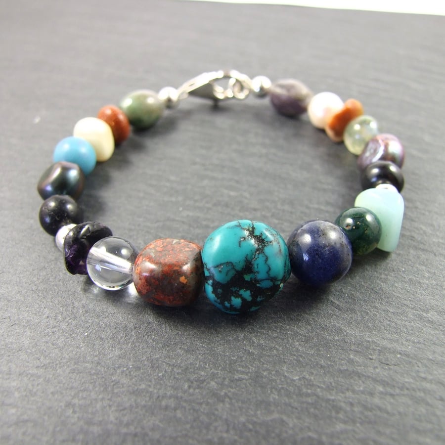 Multi Coloured Gemstone Mix Bracelet with Sterling Silver