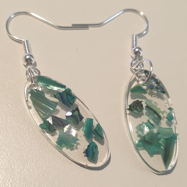 Oval green mother of pearl resin earrings