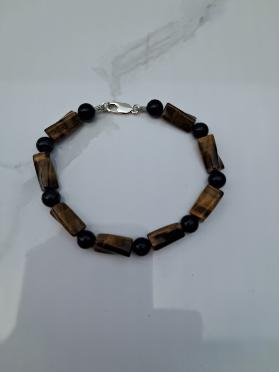 Twisted Tiger Eye and Blue Goldstone Bracelet with Sterling Silver Findings