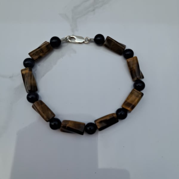 Twisted Tiger Eye and Blue Goldstone Bracelet with Sterling Silver Findings