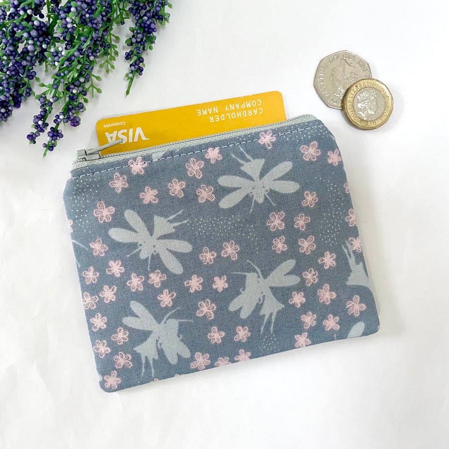 Coin Purse Card Wallet Fairy Fairies Fabric Grey and Pink