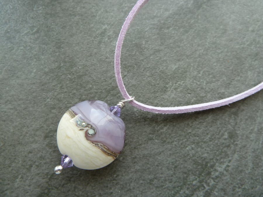 lilac faux suede necklace, lampwork glass pendant