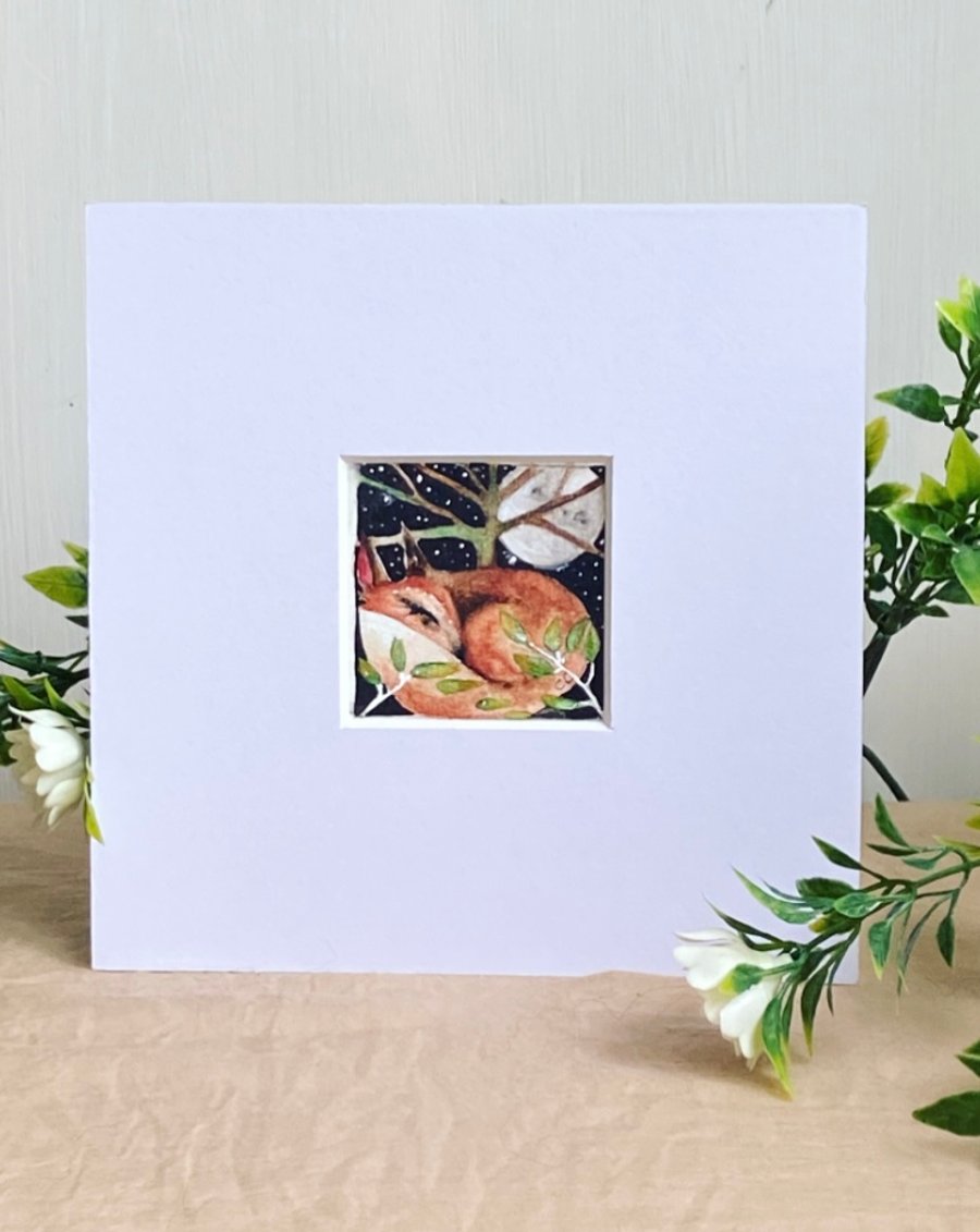 Original Resting Fox with Blue  Mushrooms Watercolour 