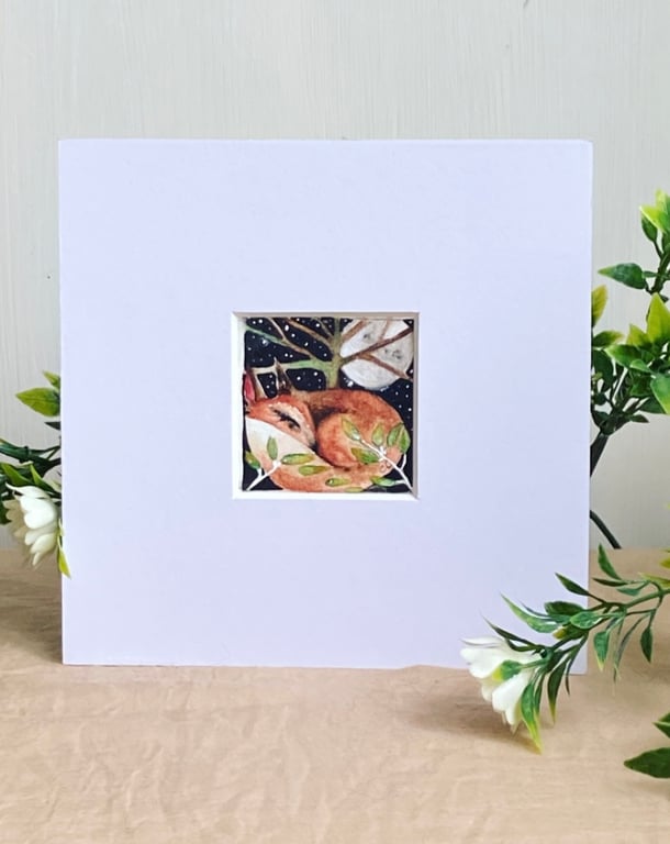 Original Resting Fox with Blue  Mushrooms Watercolour 