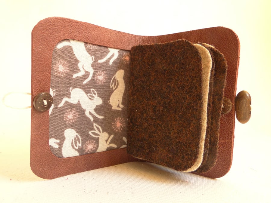 Hare Fabric Needle Case - Sewing Accessory - Brown Leather Needle Book 