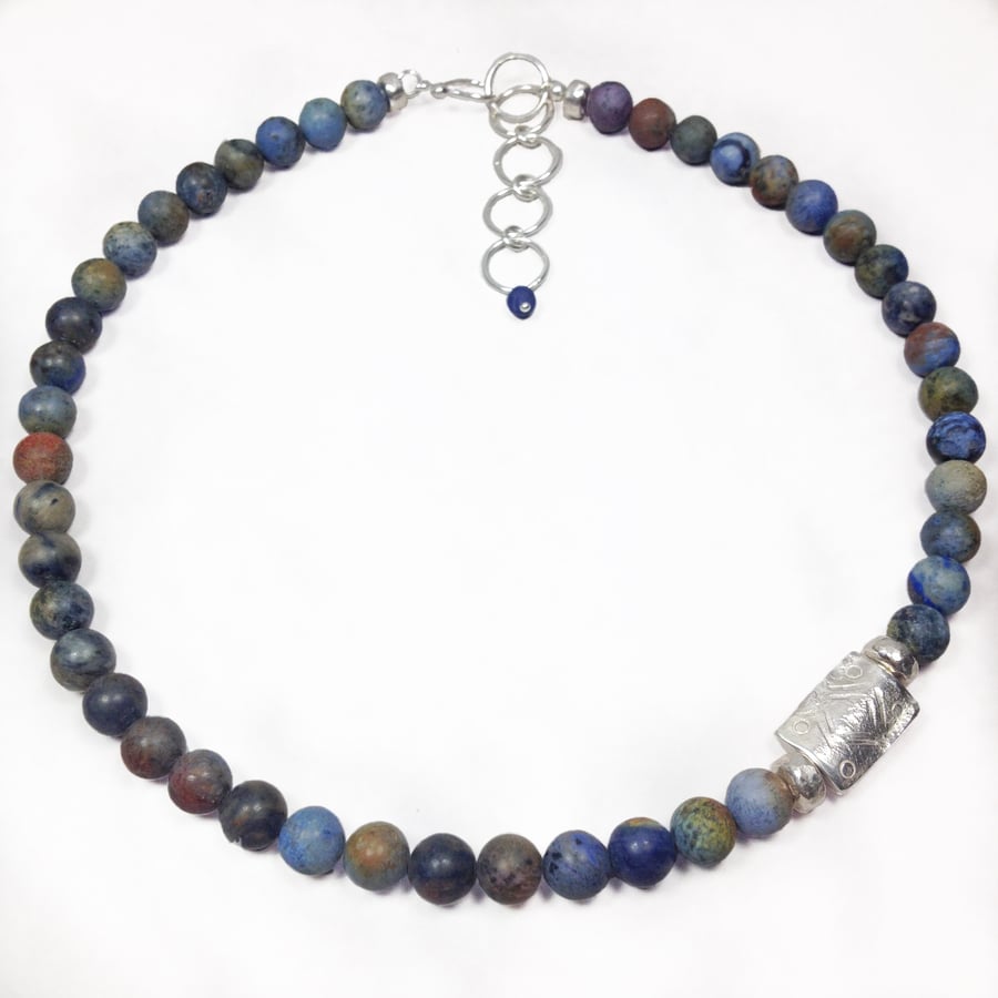 Silver and dumortierite bead necklace, asymmetrical necklace