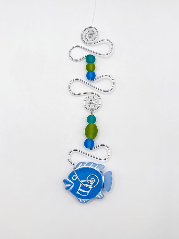 Blue Fish and Wire Mobile with Blue and Lime Glass Beads