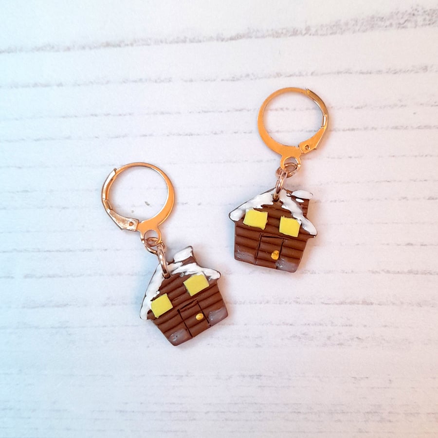 Log cabin with snow earrings