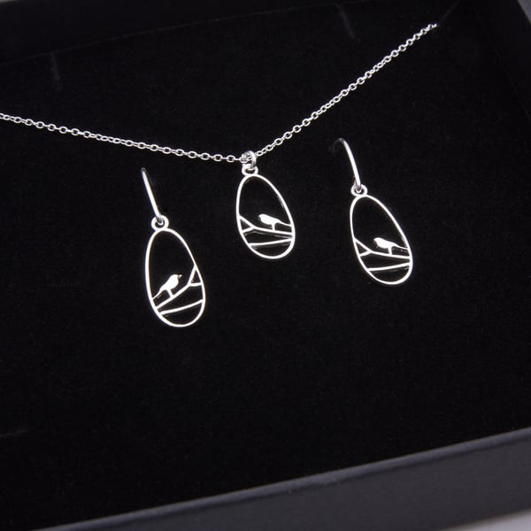 Sterling Silver Robin Pendant Necklace and Earrings