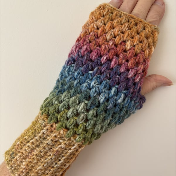 Crochet Fingerless Gloves Multi Coloured Aran Small To Medium (J117)