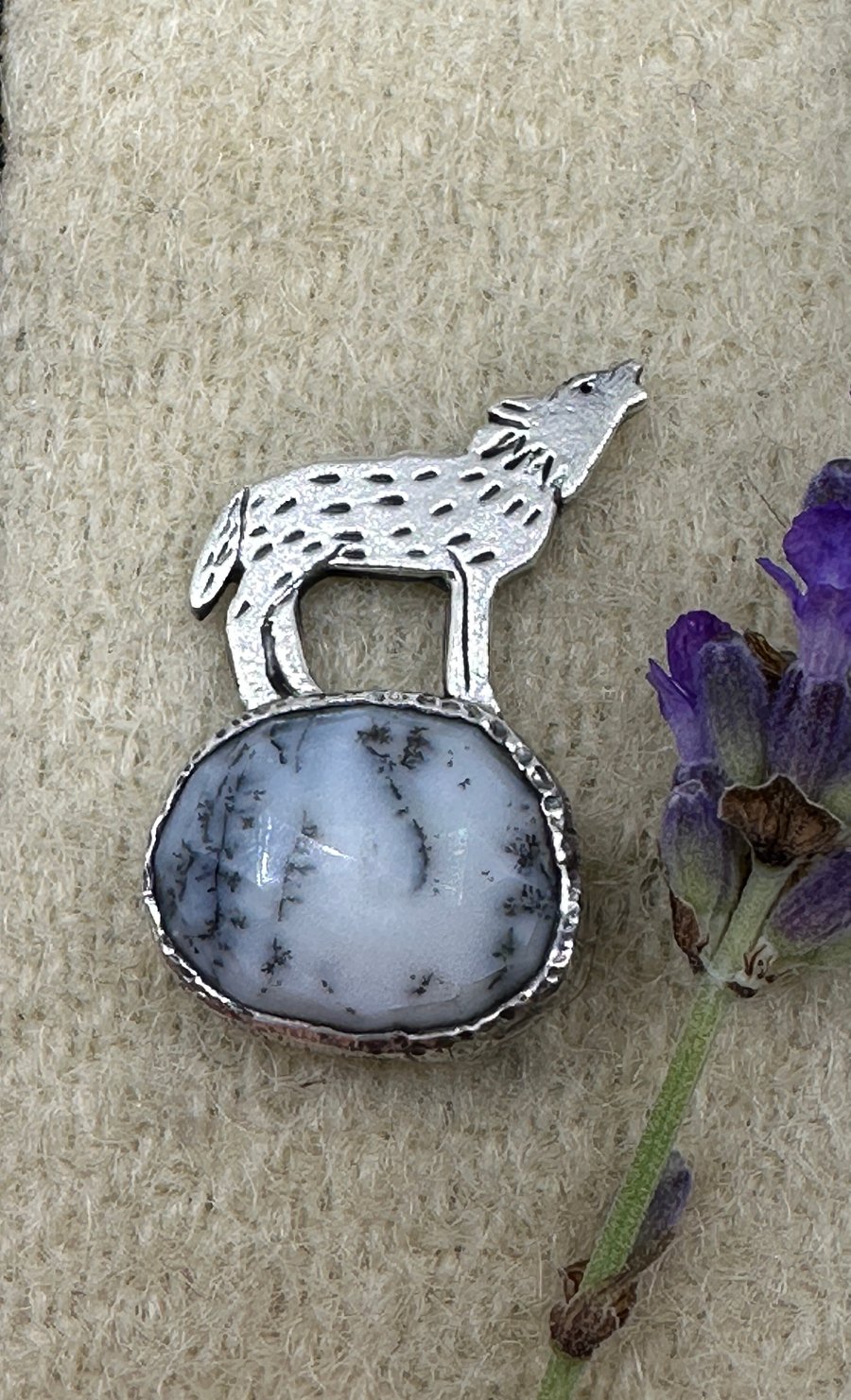 Wolf Tack Pin Brooch with Dendritic Opal