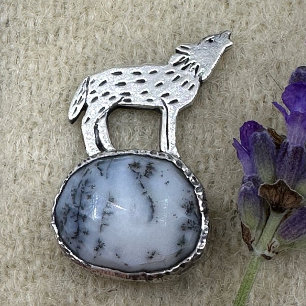 Wolf Tack Pin Brooch with Dendritic Opal