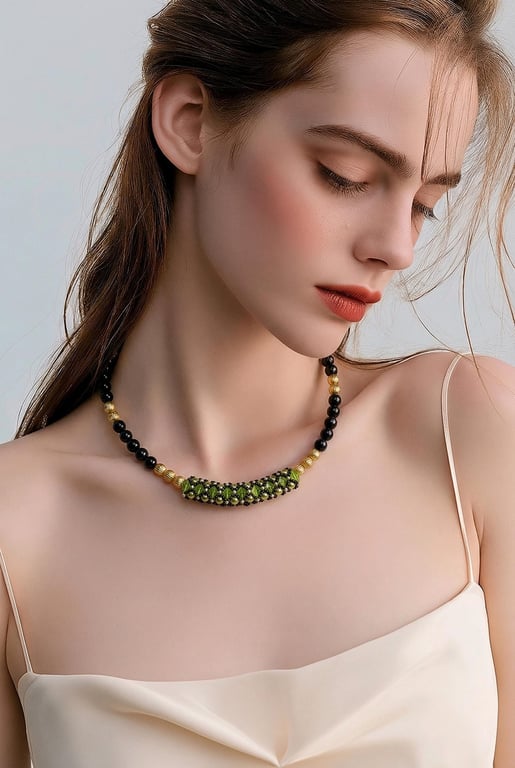 Black Agate & Peridot Green Crystal Choker Tibetan Gold Beads Handmade