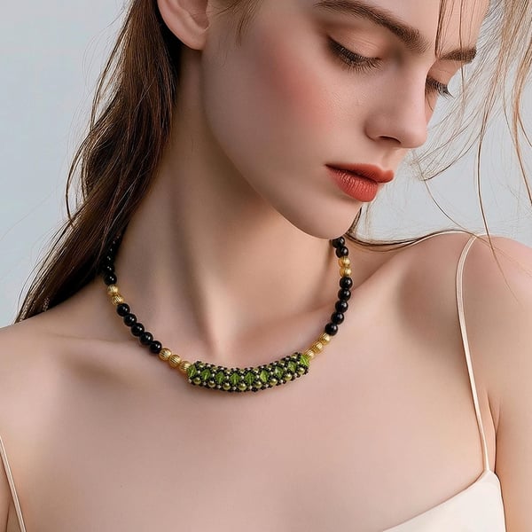 Black Agate & Peridot Green Crystal Choker Tibetan Gold Beads Handmade