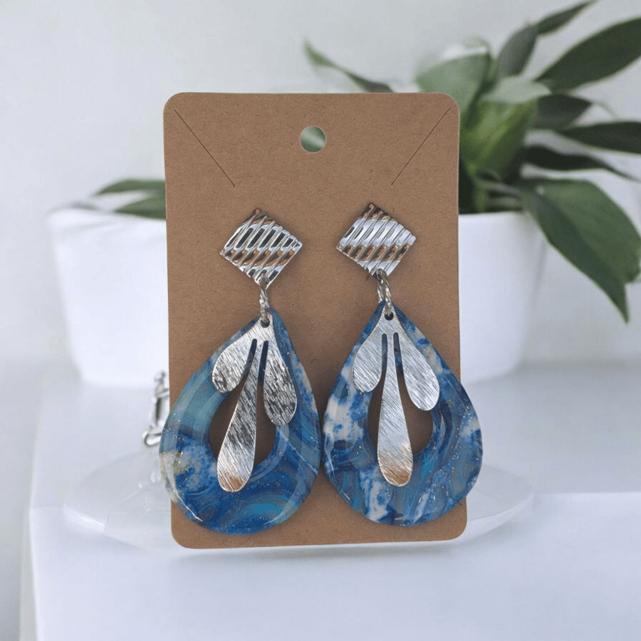 Large Blue marble teardrop handmade polymer clay Earring