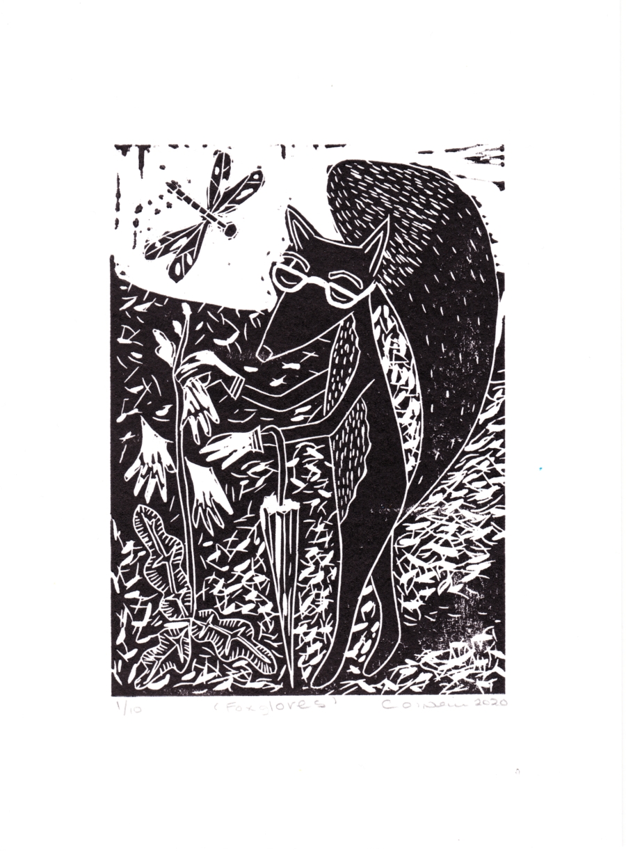 Foxy Shopping for Gloves.  Original Handmade Print 