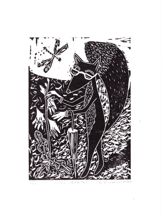 Foxy Shopping for Gloves.  Original Handmade Print 