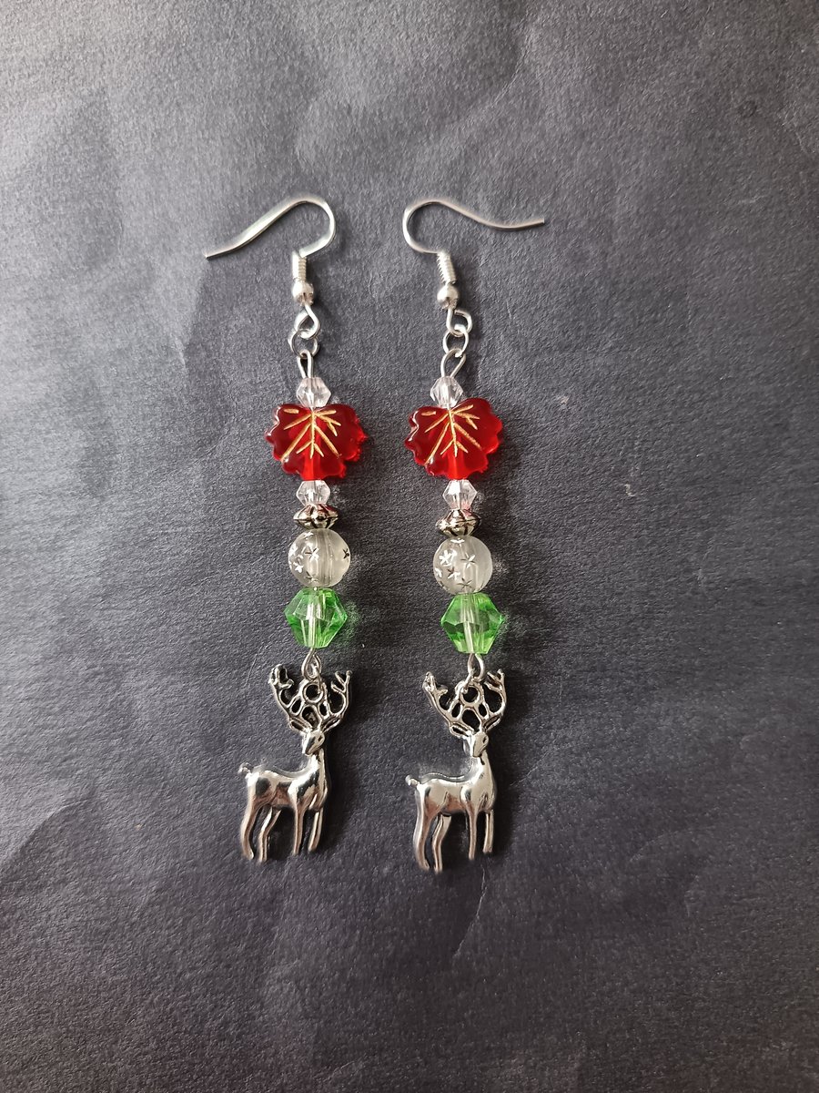 Beaded red and green Christmas dangle earrings  with silver stag charms 