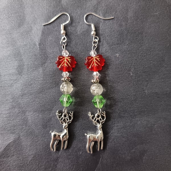 Beaded red and green Christmas dangle earrings  with silver stag charms 