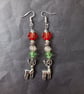 Beaded red and green Christmas dangle earrings  with silver stag charms  - Image 1