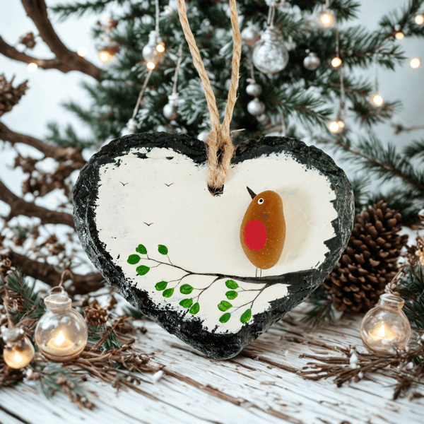Sea Glass Robin Hanging Heart Decoration - Beach Glass Bird - Slate Decor