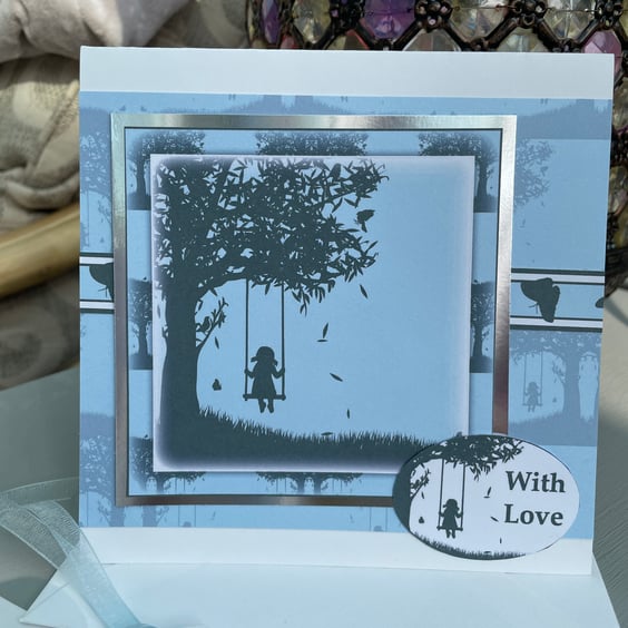 Girl on a swing silhouette With love card. 