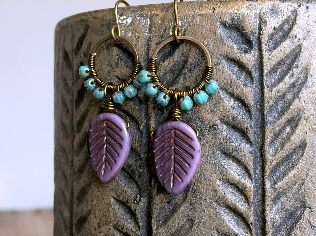 Lavender & Turquoise Glass Earrings - Wire Wrapped Hoops, Purple Leaf Design