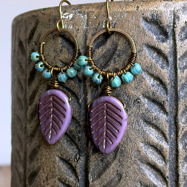 Lavender & Turquoise Glass Earrings - Wire Wrapped Hoops, Purple Leaf Design