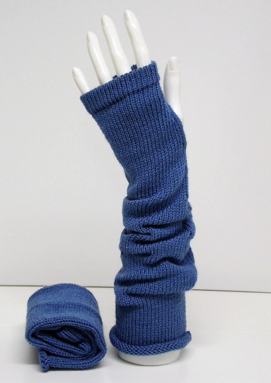 Handmade denim blue extra long arm warmers, knitted wrist warmers 