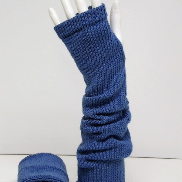 Handmade denim blue extra long arm warmers, knitted wrist warmers 